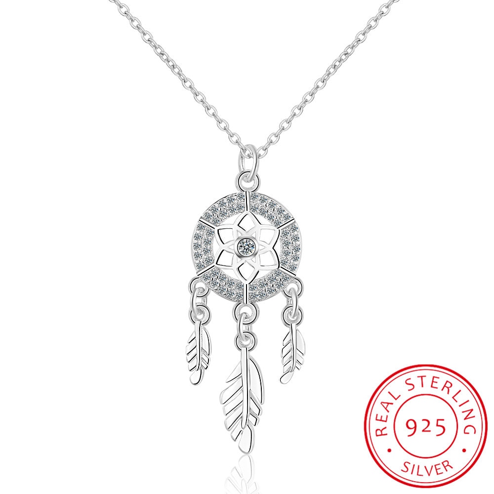 925 Sterling Silver Dreamcatcher feather Charm Necklace Pendant Silver Dream Catcher Pendant Statement Choker Necklace GTLX487