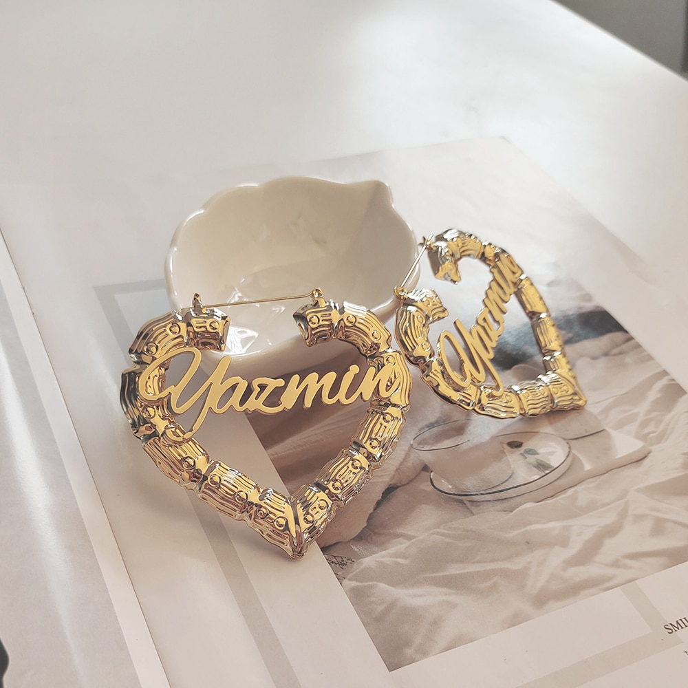 70mm Custom Earrings Love shape Hiphop Sexy Bamboo Hoop Earrings Customizable Name Earrings Bamboo Style Heart Bamboo Earrings