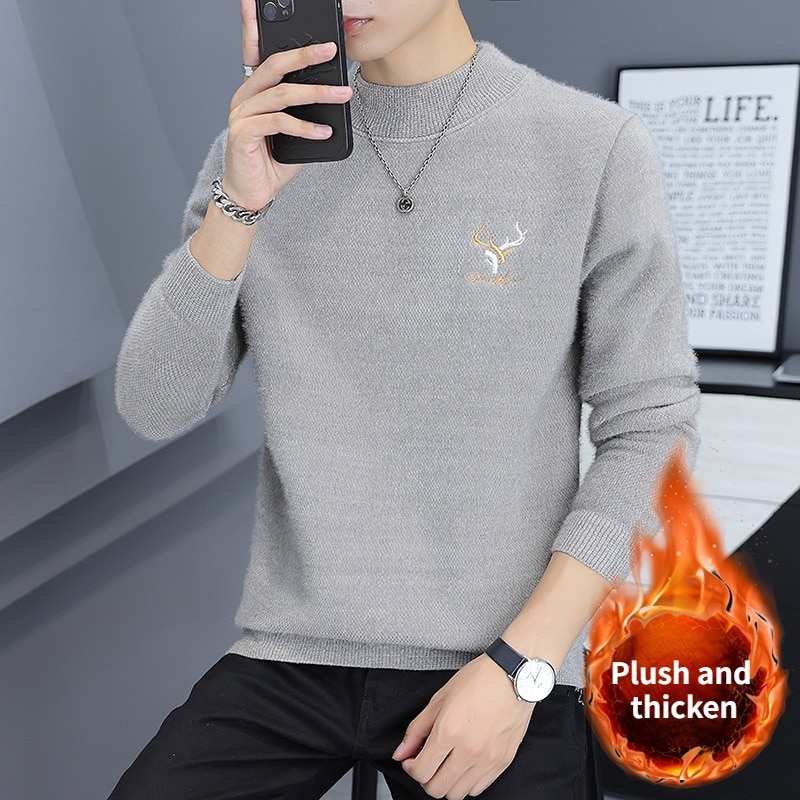 2023 Winter Men's Clothing New Thick Plush Knitted Loose Round Neck Youth Underwear