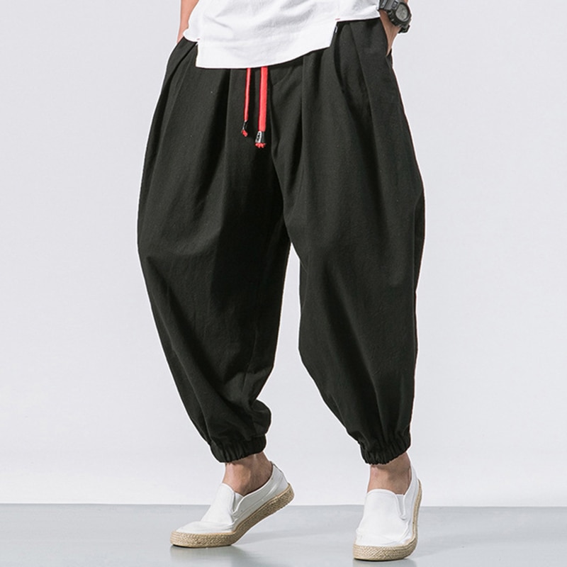 Man Cotton Linen Wild Leg Pants Casual Loose Calf-Length Pants Man Bloomers Summer Baggy Male Traditional Pants Trousers Joggers