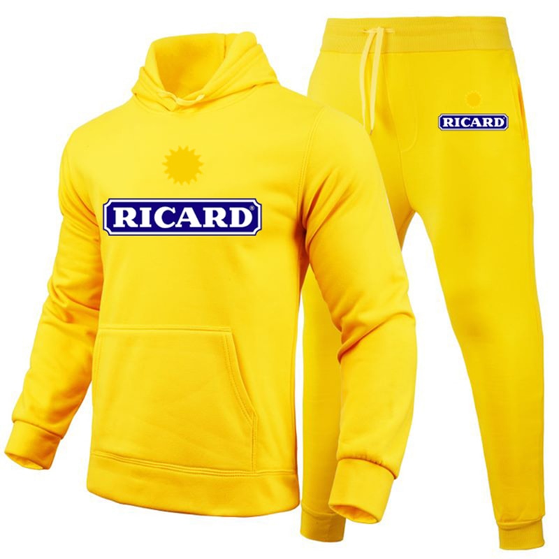 Fashion Men Sets SolidColor Casual Sportswear Lining Fleece Long-sleeved Hooded Sweater + Trousers Ricard Jogging Two-piece Suit
