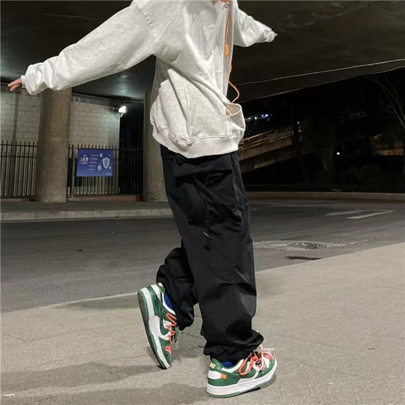 Men's Parachute-Style Hip-hop Street Overalls Oversized Pocket Trousers Harajuku Loose Solid Color Casual Pants Y2K Legged 