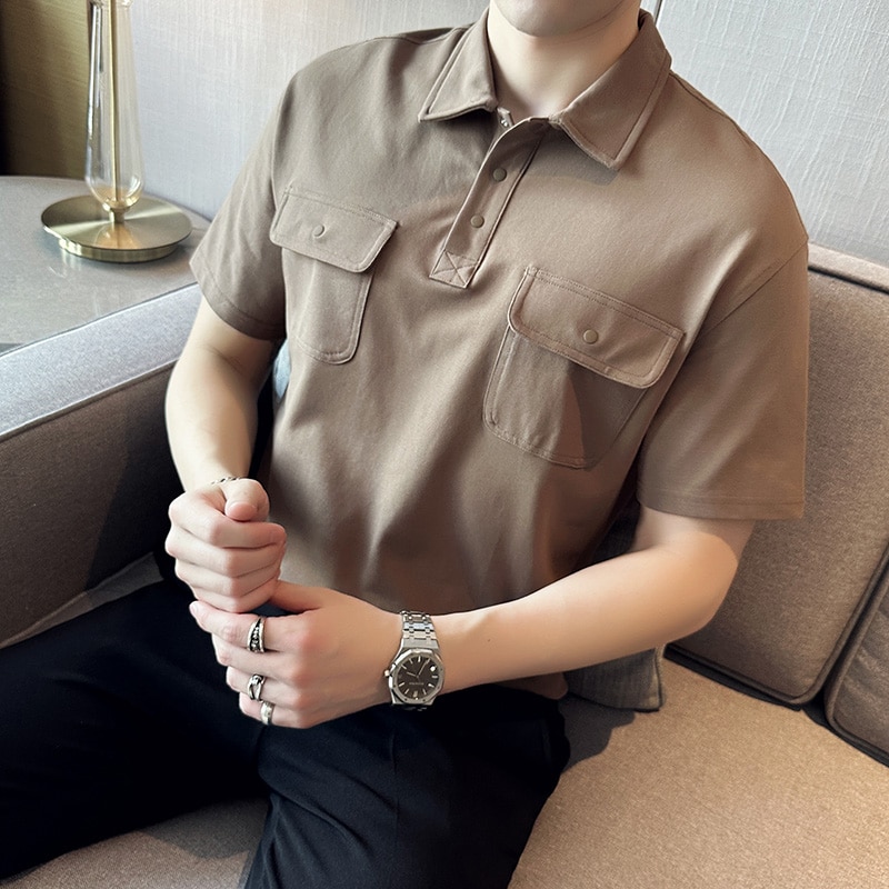 Trendy Slim Lapel Short-sleeved Office Polo Shirts Summer New Leisure Travel Polo Shirt Men's Pure Pocket Design Breathable