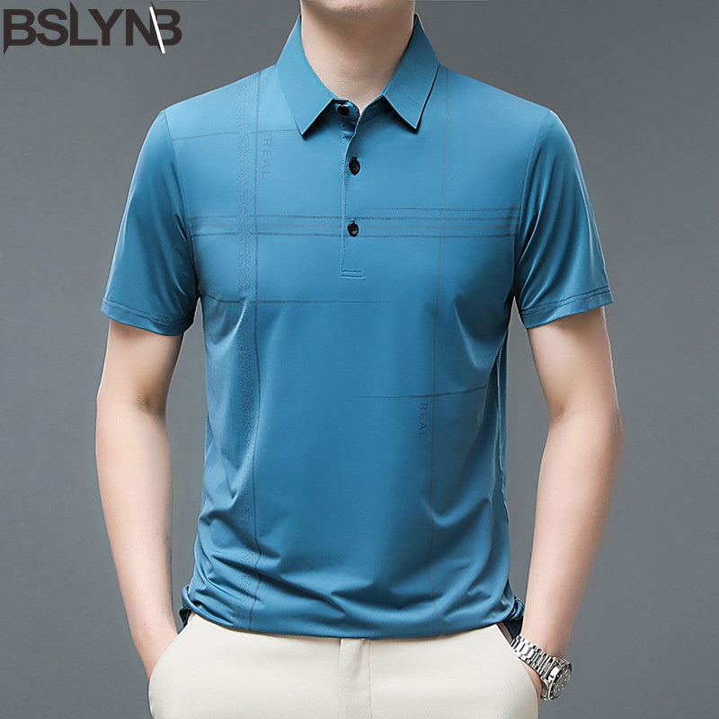 New Summer Men's Short Sleeve Polo Shirt Business Casual Striped Turn-down Collar T-shirt Top