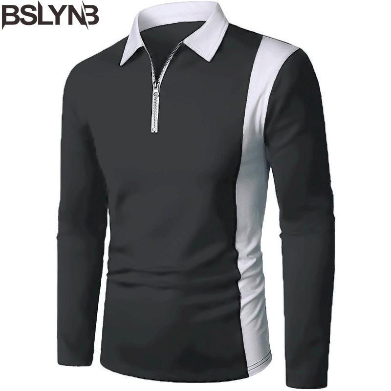 New Men's Polo Shirt Man Lapel Long Sleeve Color Block Design T Shirt