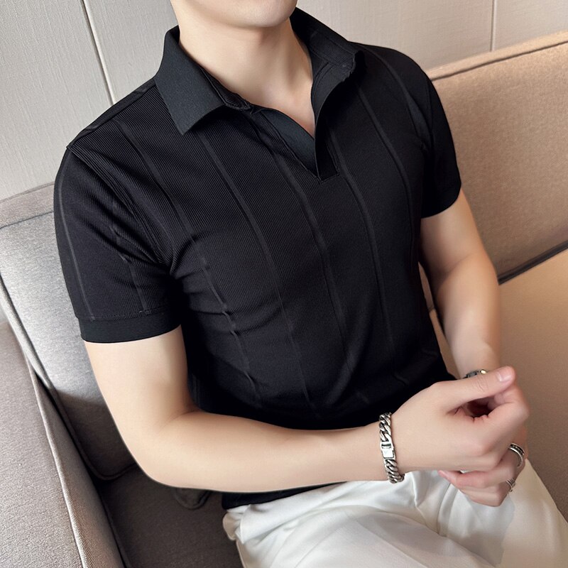 2023 new summer men's business lapel striped T-shirt, elastic, knitted, fashionable casual men's V-neck polo shirt