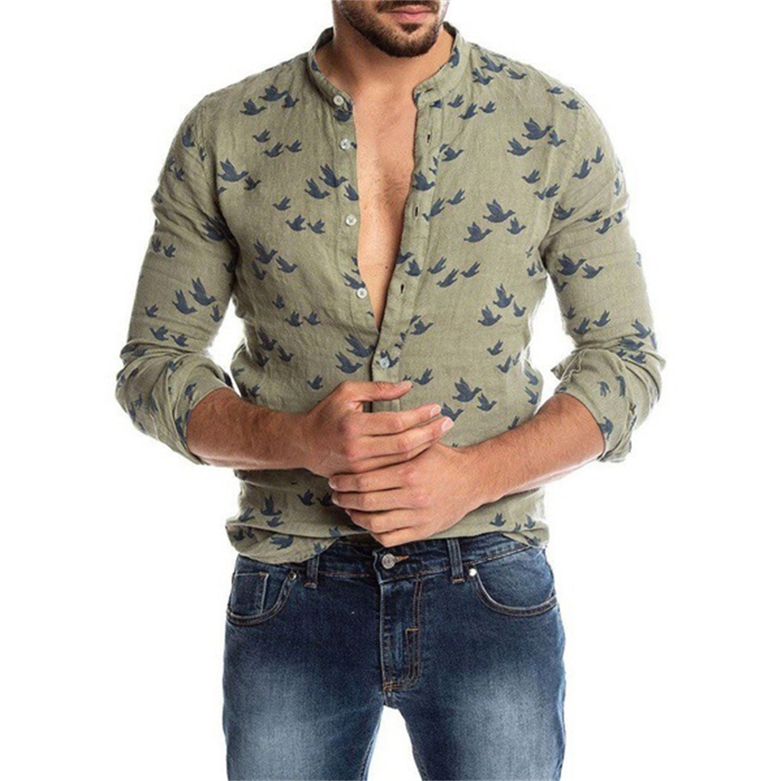 European And American Men's Slim Fitting Bird Print Solid Standing Collar Fashionable Casual European American Style slim f
