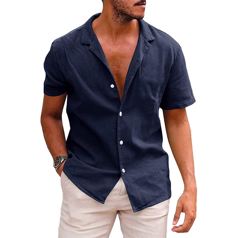 2023 new Mens Linen Blouse Short Sleeve Baggy Buttons Summer Solid Comfortable Cotton Linen Casual Loose Holiday Shirts Tee Tops