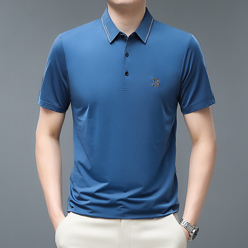 Summer New Men's Short Sleeve Ice Silk T-shirt Casual Loose Elastic Half Sleeve Lapel Polo Shirt