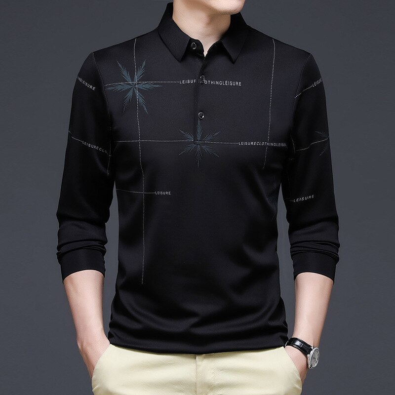 2023 New Men's Striped T-shirt Men's Long-sleeved Summer Thin Style Lapel T-shirt Fashion Printed Long-sleeved POLO Sh