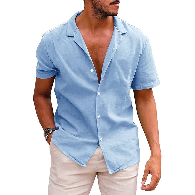 2022 new Cotton Linen Hot Sale Men's Short-Sleeved Shirts Summer Solid Color Turn-down collar Casual Beach Style Plus Size