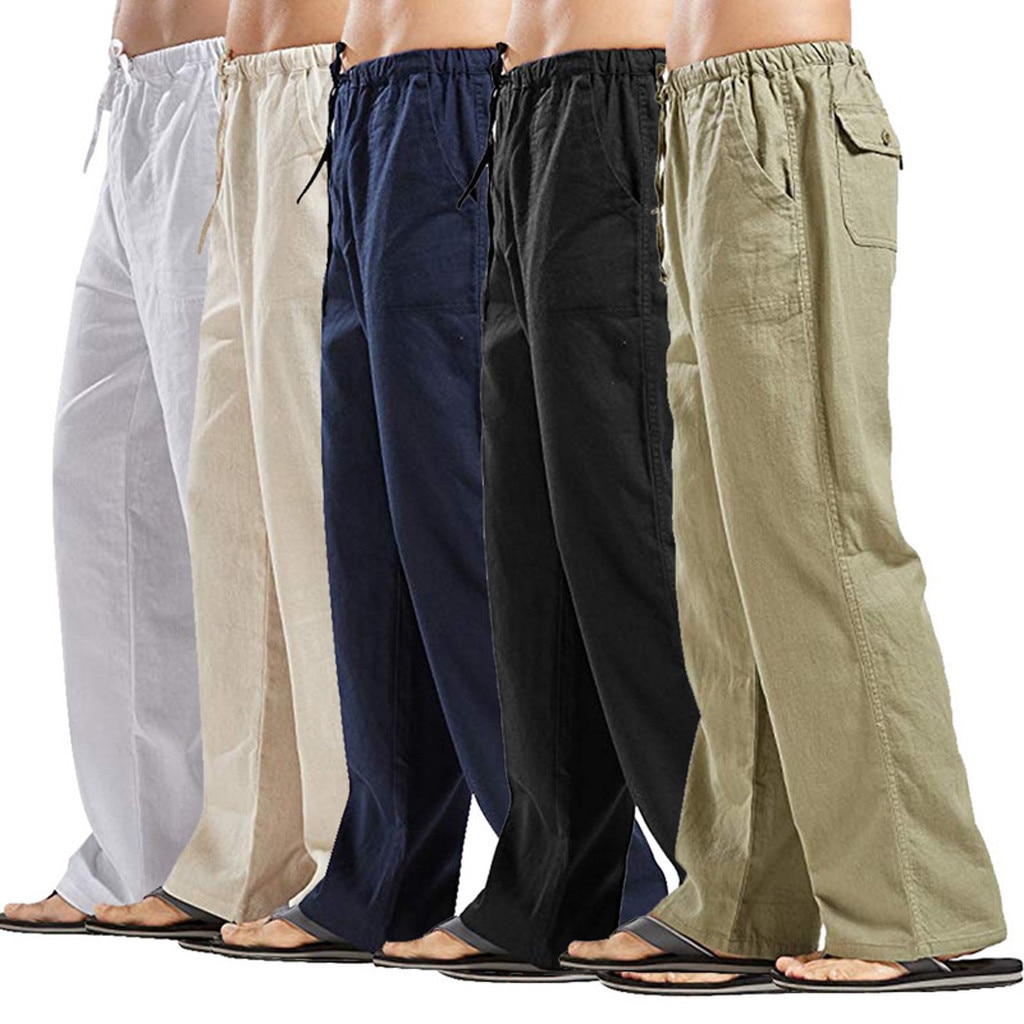 2023 Men's Linen Plus Size 10 Color Pocket Pants Fashion Casual Home Pants