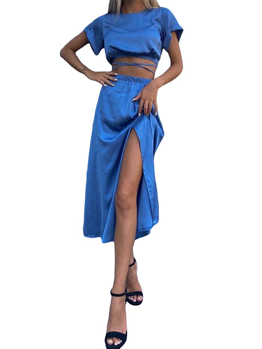 Women's 2 Piece Summer Outfits Solid Color Short Sleeve Crop Tops Long Split Skirt Set