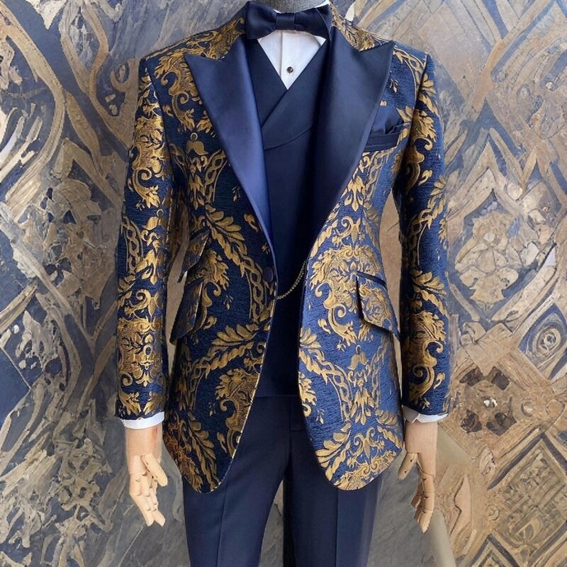 Floral Tuxedo Suits for Men Wedding Slim Fit Navy Blue Jacquard Gentleman Jacket with Vest Pant 3 Piece Male Costume In Stock