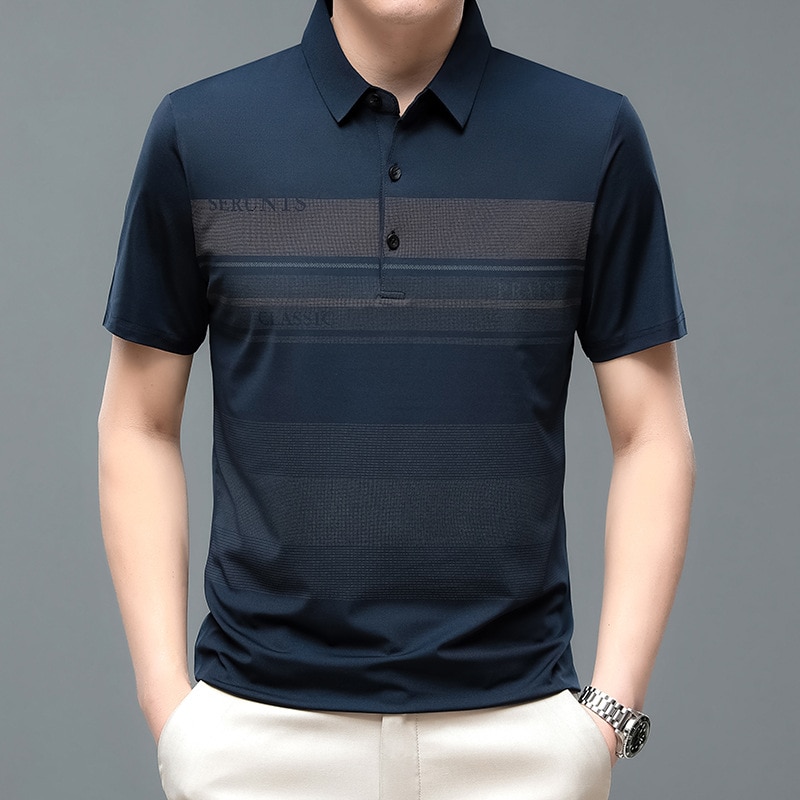 New Men's Printed Short Sleeve Ice Silk T-shirt Summer Loose Stretch Lapel Polo Shirt