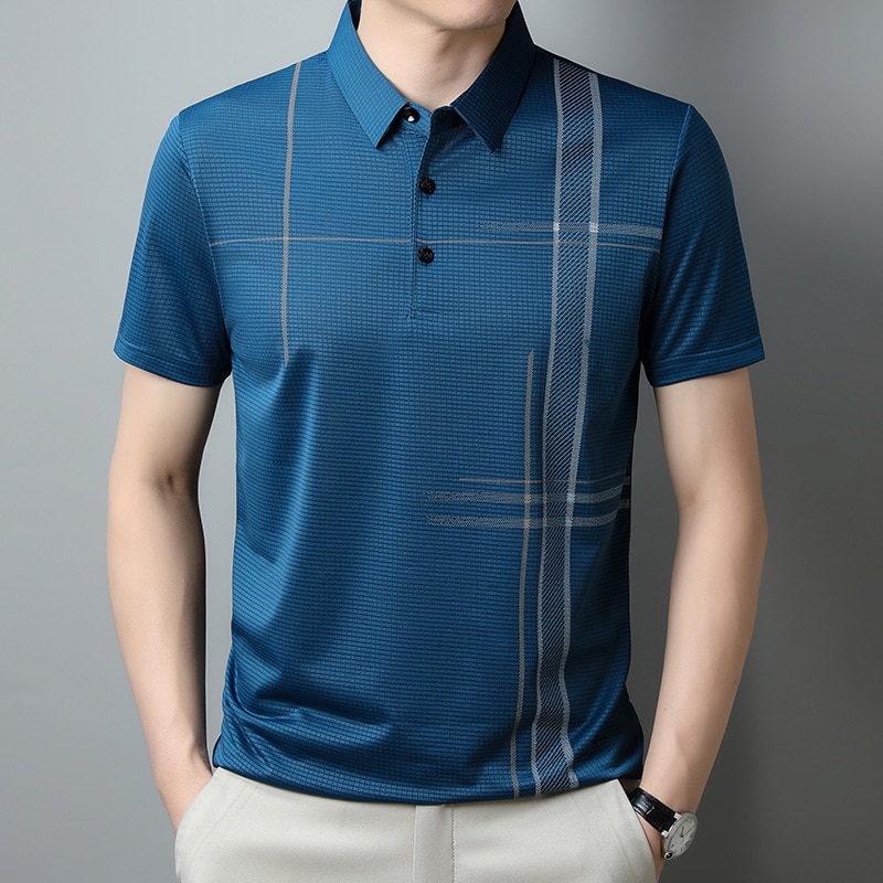 2023 New Mid-youth Short-sleeved Polo Shirt Men's T-shirt Lapel Business Stripe Half-sleeved Top Loose Summer Men's We