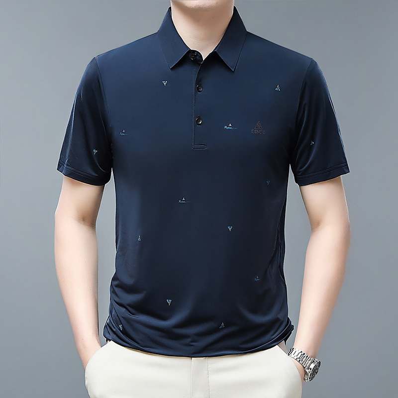 Summer New Men's Short Sleeve T-shirt Solid Color Printed Lapel Breathable Loose Thin Silk Men's Polo Shirt