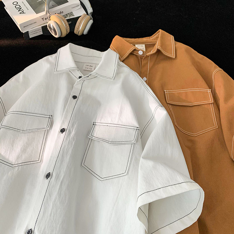 Retro trendy and personalized unisex style short sleeved men and women summer Korean street loose lapel couple work top y2k