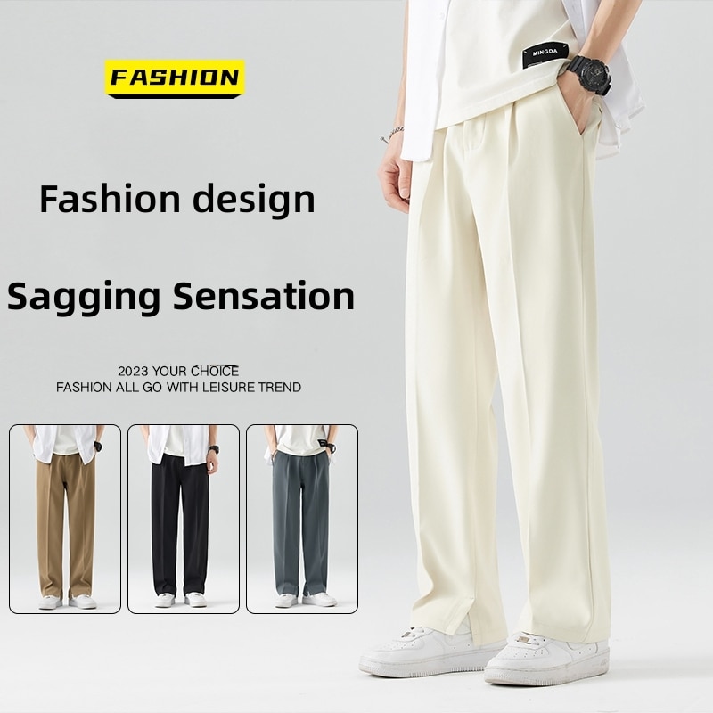 2023 New Casual Suit Pants Light&Thin Korean Men's Pants Straight Loose Semi-Wide Sweatpants Soft Wide Leg Long Baggy T