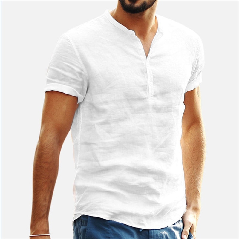Men Linen Shirts Short Sleeve Breathable Male Baggy Casual Shirts Slim Fit Solid Cotton Tees Mens Pullover Tops Blouse