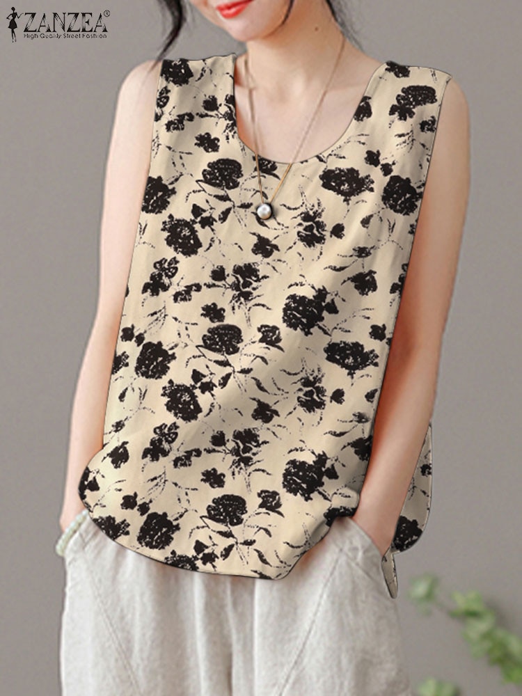 Bohemian Floral Printed Beach Blouse 2023 ZANZEA Summer Tanks Tops Women Fashion O Neck Sleeveless Shirt Casual Loose Blusas