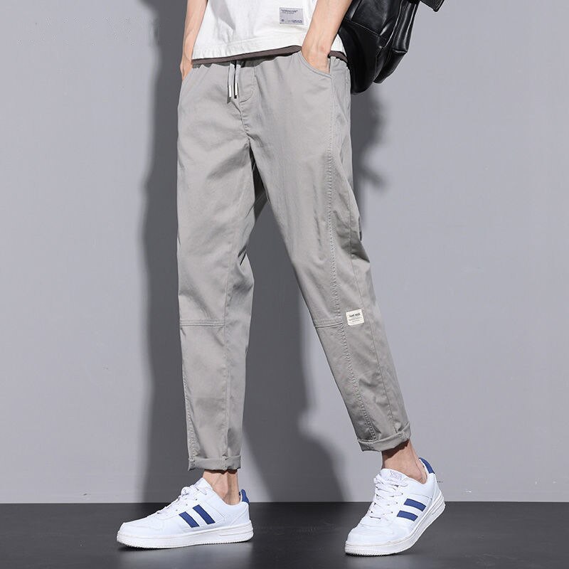 2023 Spring New Solid Color Fashion Thin Style Straight Pants Male Drawstring Pocket Comfortable All-match Ankle Length Trousers