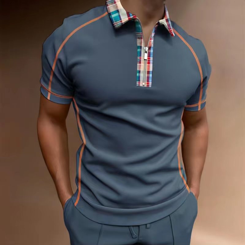 Summer new men's casual short-sleeved knit zipper POLO shirt British casual slim-fit lapel striped T-shirt POLO shirt