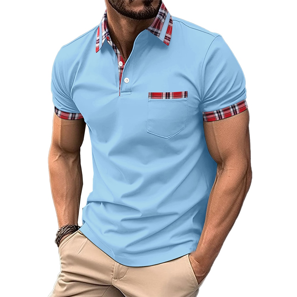 Fashion Summer Men's Breathable Striped Edge Short Sleeve Button Collar Polos T-shirts Sport Slim Fit Formal Tops T Shirt T
