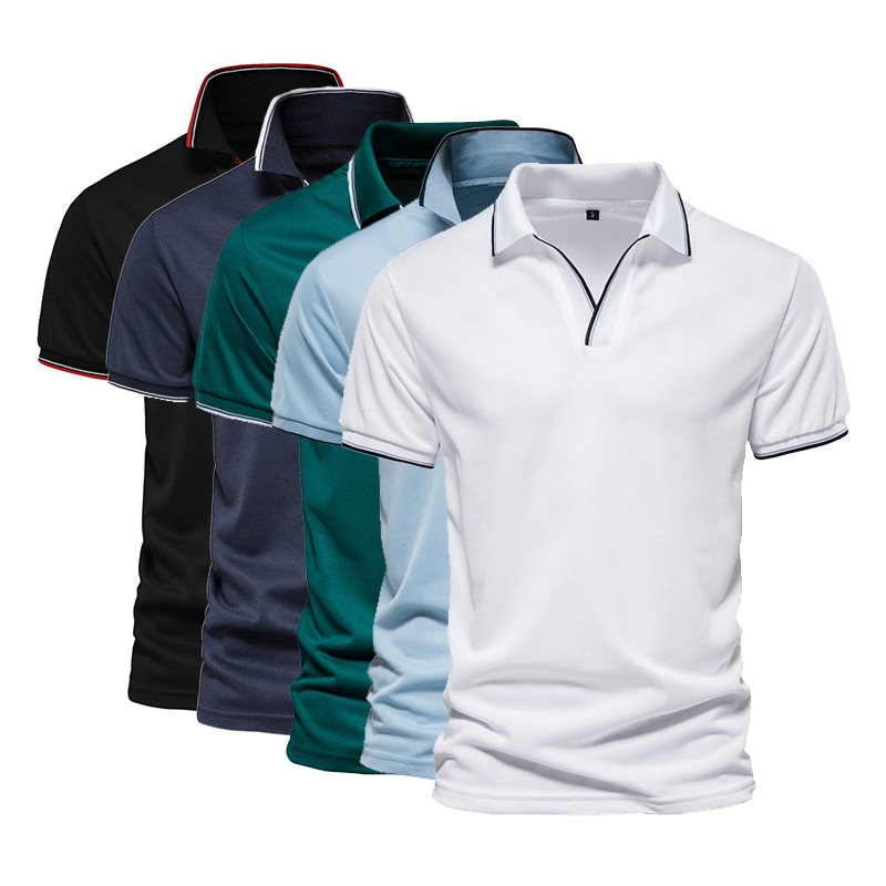 Mens Fashion Boutique Cotton Leisure Stand Collar Long Sleeve POLO Shirts Male Pure Color V-neck POLO Shirts