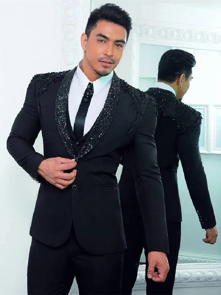 Sparkly Men's Suits Tailored 3 Pieces Blazer Vest Pants Single Breasted Sheer Lapel Formal Beads Plus Size Tuxedo Custom Ma
