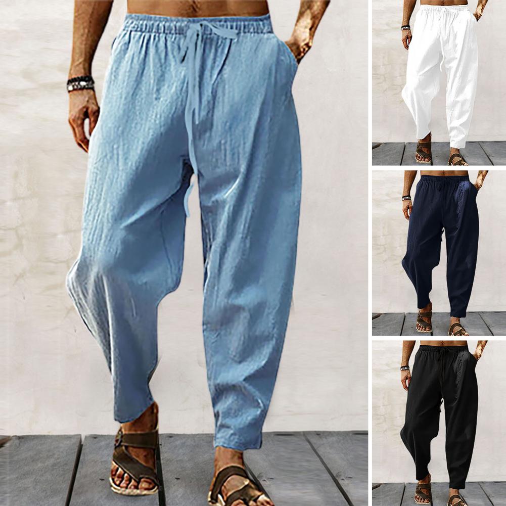 Summer Men's Pants Solid Color Drawstring Loose Elastic Waist Pockets Sports Sweatpants Jogging Fitness Causal Men Trousers