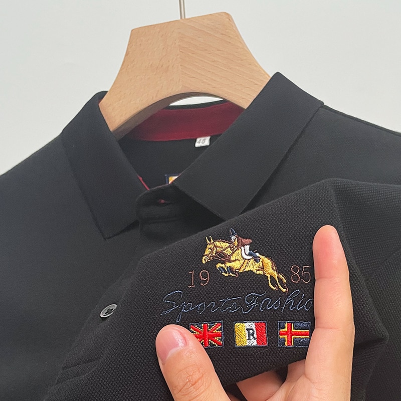 New Trend 100%Cotton Men's Polo Shirts2023Autumn Lapel Embroid Print Europe Long Sleeve Fashion Business Anti Wrinkle Cloth