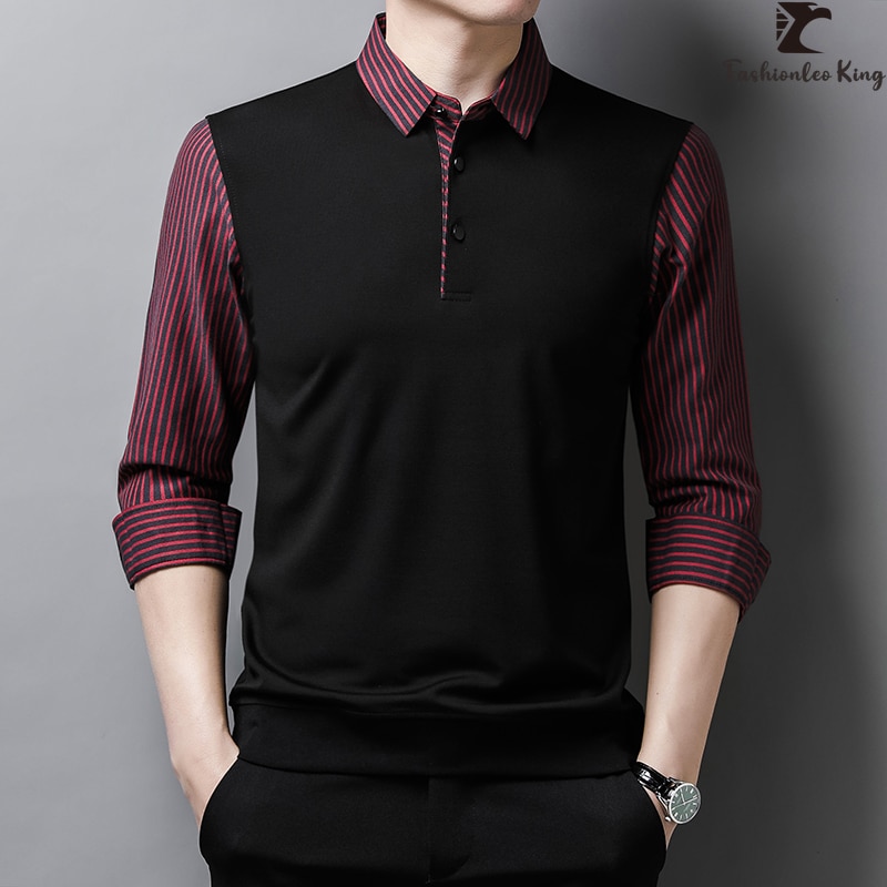 New Fashion Men Striped Polo Shirts Male Casual Long Sleeve Button Collar Shirt Tops Clothing