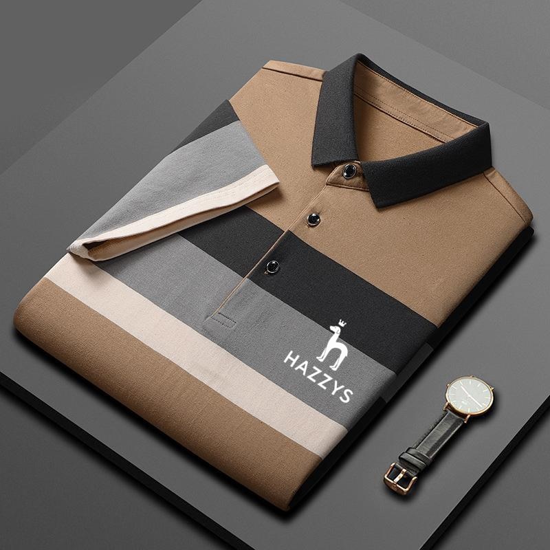 2023 Fashion Casual New Hazzys Syle Men's Work Slim Fit Cotton Polo Shirt Men's Thin Casual Striped Polo Shirt Large S
