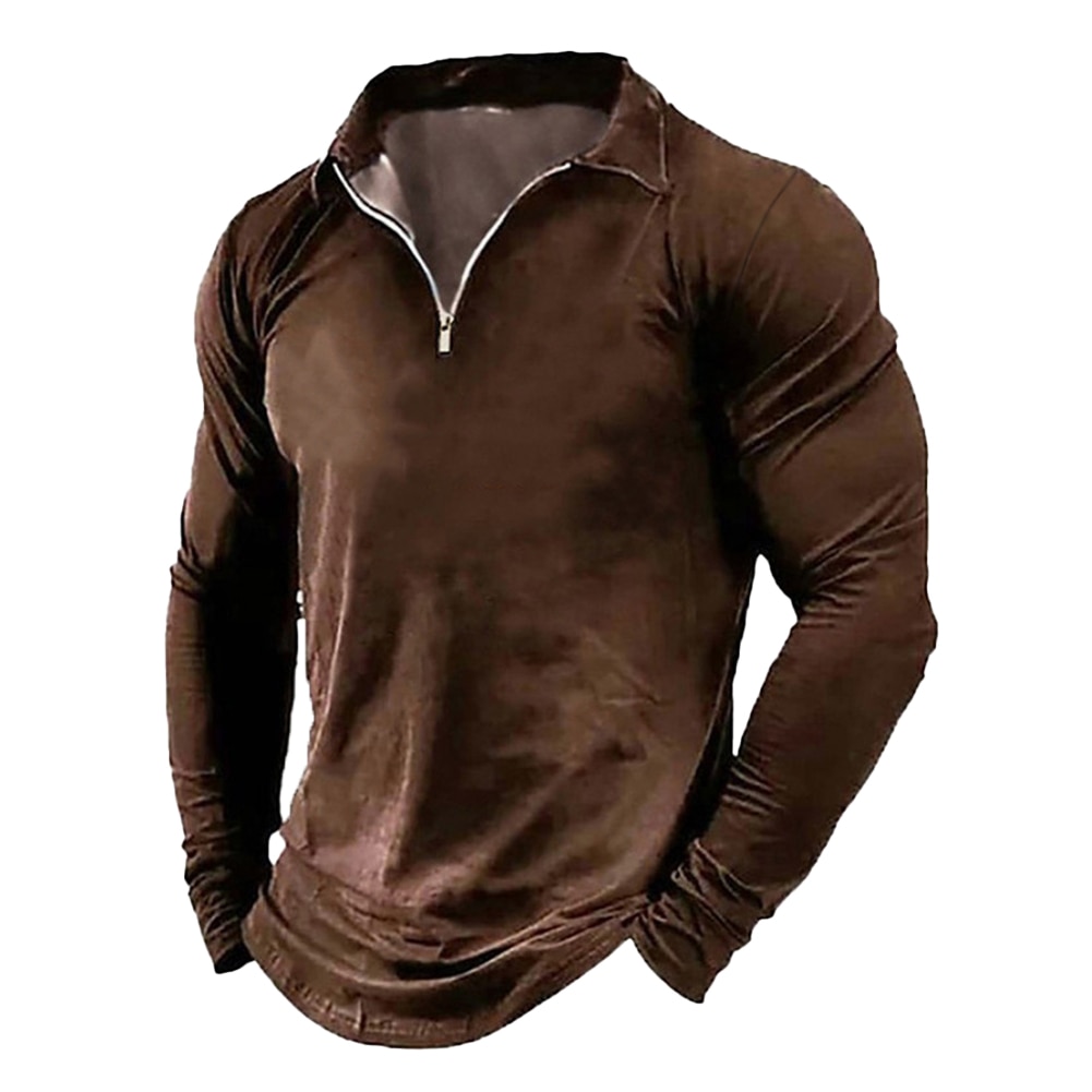 Fashion Men's Zip Lapel Polo-T-shirts Casual Long Sleeve Solid Color Basic Slim Fit Sport Muscle T Shirt Tops Tees Man Clot