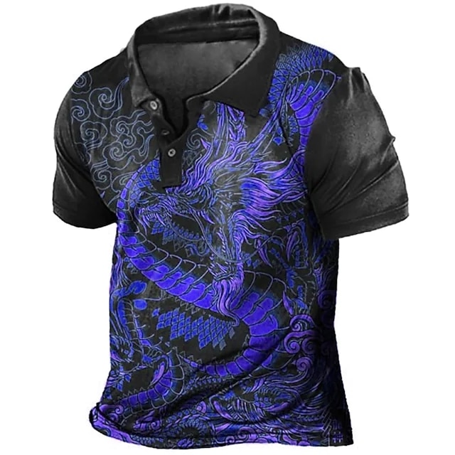 2023 Summer Men's Light Sport 3D Dragon Print Polo Shirt Oversized Animal Casual T-shirt