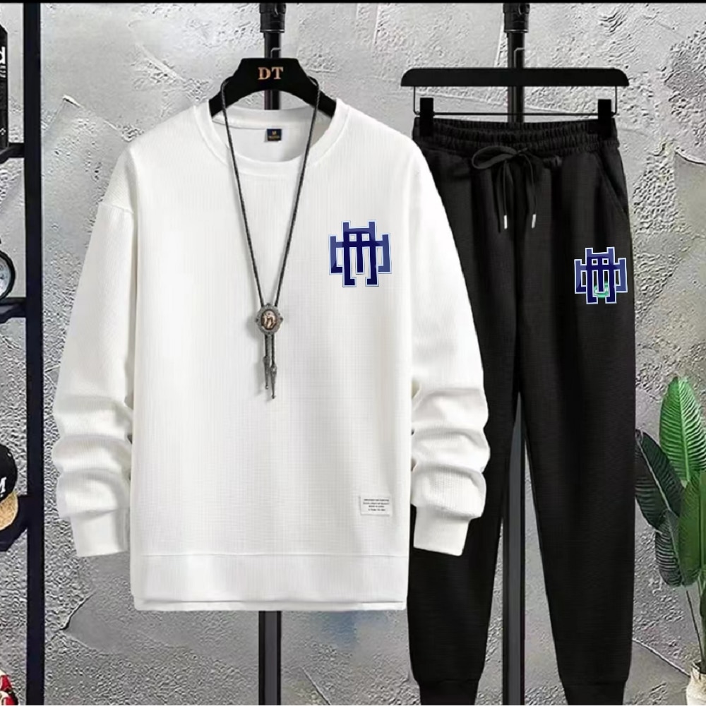 Spring and Autumn Waffles Long sleeved Sportswear Men's Loose Casual Round Neck Shirt Pants Men's Set