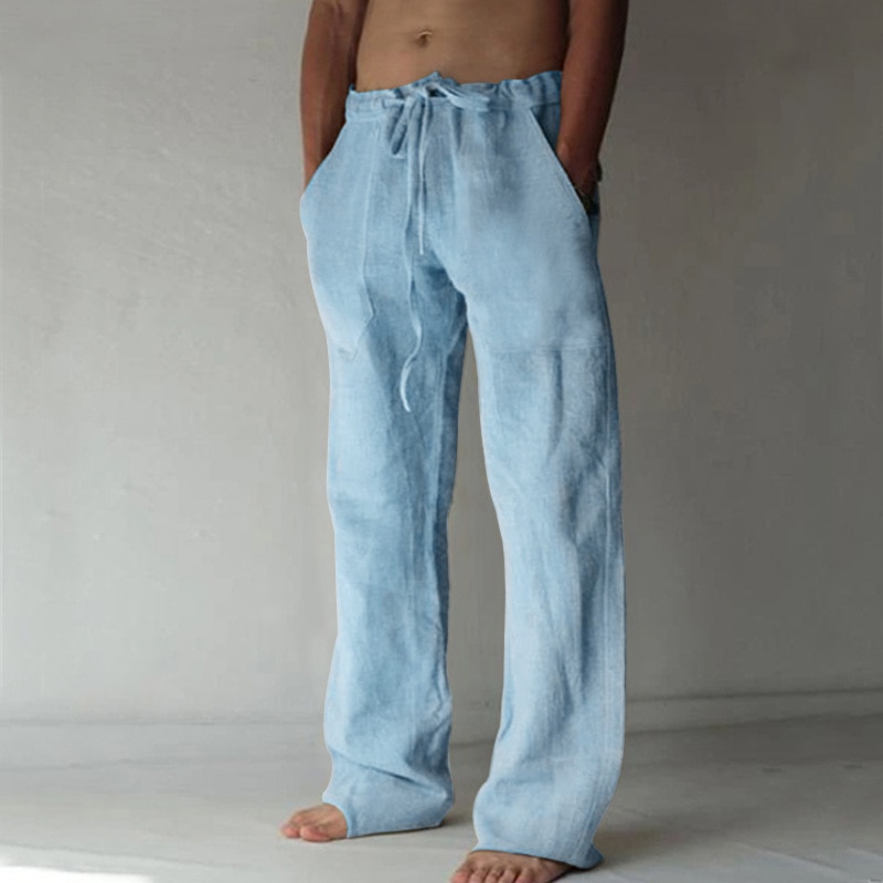 Men's Stick Hemp Casual Pants Daily Wear Full Length Solid Color Pants Mid Waist Pocket Drawstring Trousers Streetwear Bott