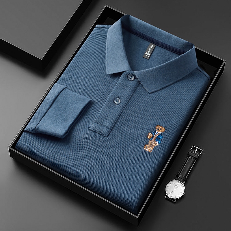 High end brand men long sleeved business polo shirt 100% cotton Spring and Autumn new exquisite cartoon bear logo casual T-shirt