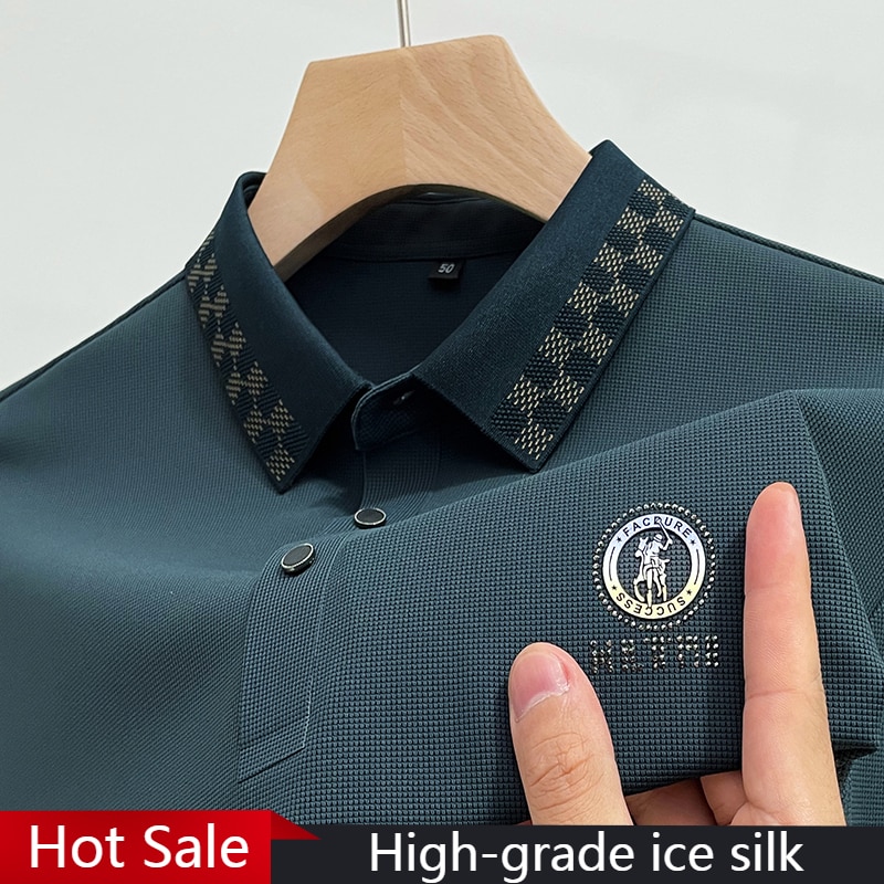 New Ice Silk Polo Shirt Long Sleeve Printing T-shirt 2023 Autumn Fashion Simple Business Handsome Luxury Brand Men Clothing Ropa