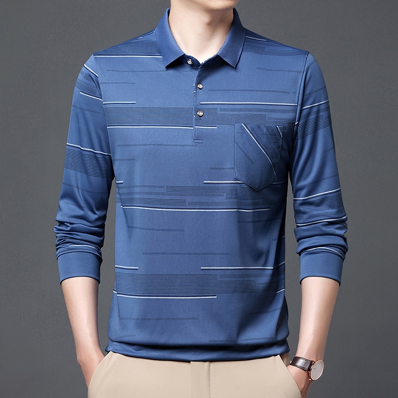 2023 Spring and Autumn Men's Long Sleeve Polo Stripe Polo Pullover Fashion Casual Dress Solid Button Pocket England Style T