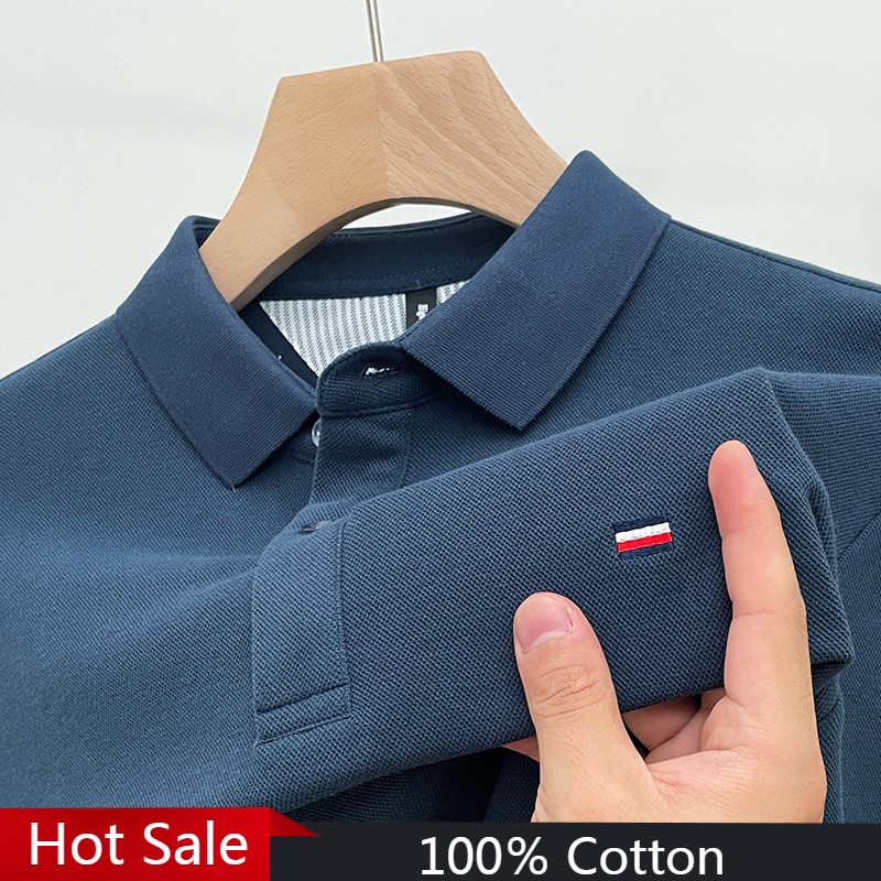 100％ Cotton Polo Shirts Embroidery Long Sleeved 2023 Autumn Fashion Simple Designer T-shirt High Quality Lapel Men Clothing Ropa