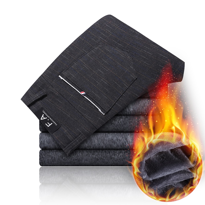 Thick Striped Korea Fashion Fleece Men's Casual Pants Classic Business Straight Slim Stretch Warm Male Business Trousers