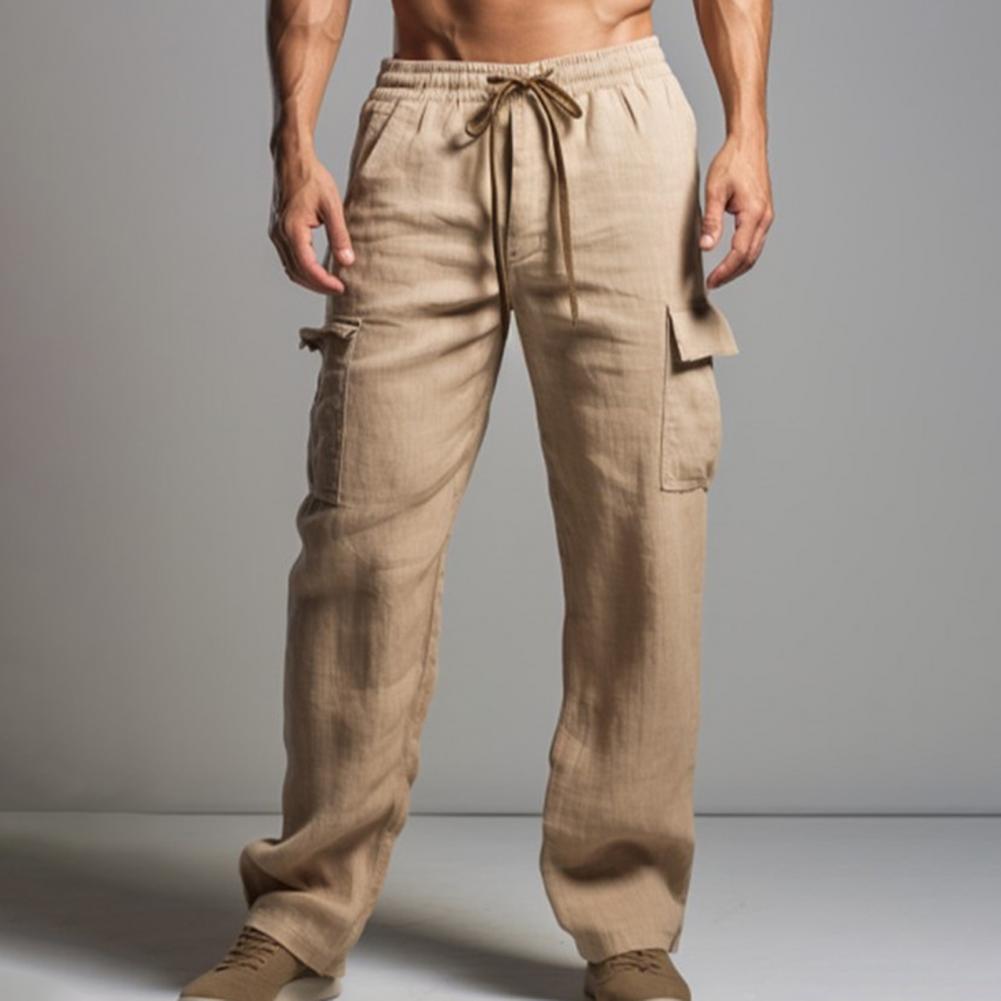 Solid Color Pants Breathable Men's Elastic Waist Pants Soft Ankle-length Trousers with Patch Pockets Wide-leg Design Adjust