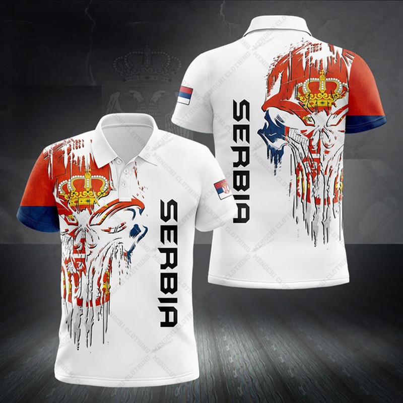 Custom Name Serbia Skull Graphic Polo Shirts Summer Unisex Casual Streetwear Men's Fashion Loose Short Sleeve Sportswear