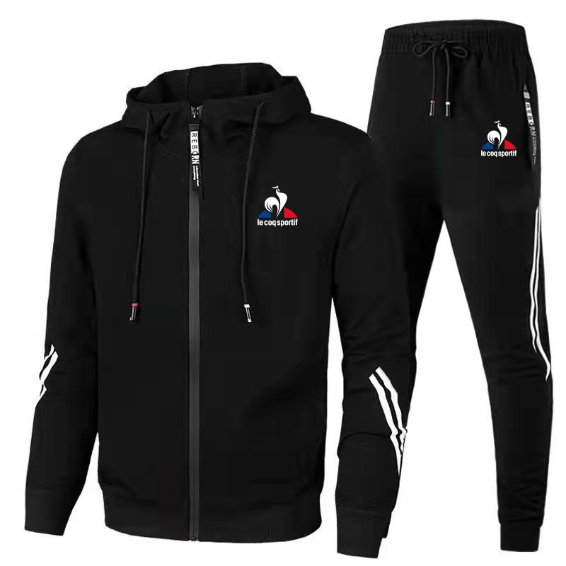Men's Autumn and Winter Warm Windproof Sportswear Set Men's Fashion Printed Zipper Hoodie + Drawstring Sweatpants Set
