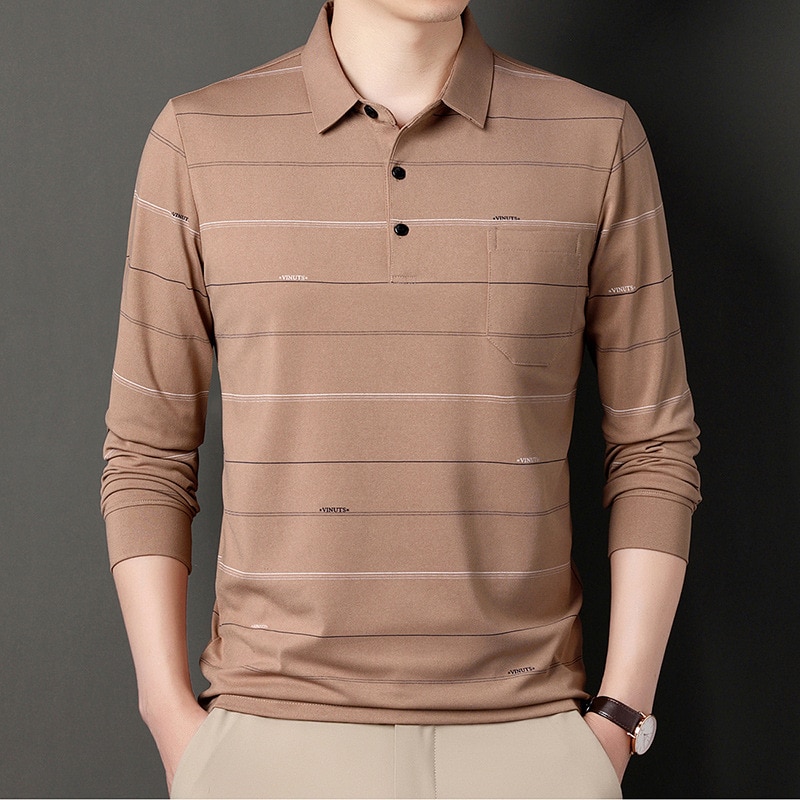 Men's Clothing High Quality Korean Fashion Striped Polo Shirt Spring Autumn Casual Long Sleeve T-shirts Male Pullover Basic