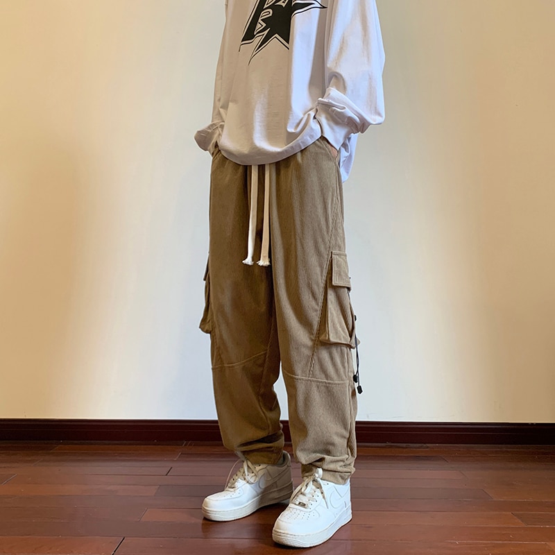 Straight Cargo Pants Men Multi-pocket Hip Hop Casual Jogging Pants Male Streetwear Loose Wide-leg Woman Sweatpants Black Khaki