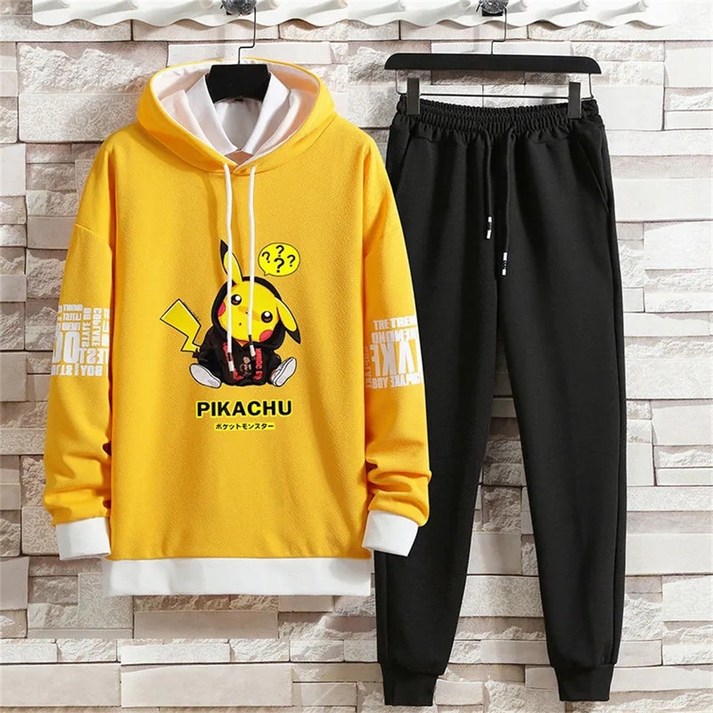 Autumn Trend Long Sleeve Cute Cartoon Print Hooded Hoodie Men's Set Youth Student Leisure Sport Long Pants 2 Piece Set Trac