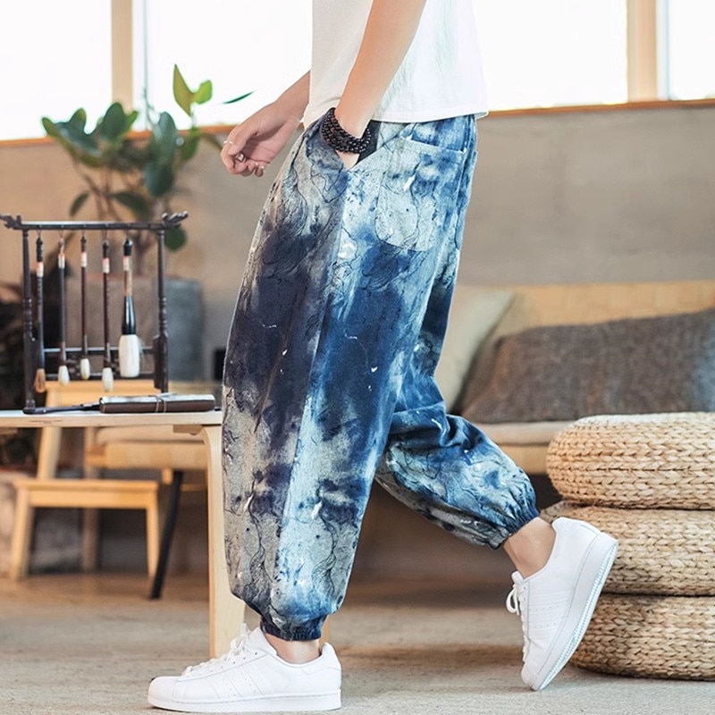 Summer Chinese Style New Thin Breathable Cotton Hemp Casual Large Size Harem Pants Lanterns Male Harajuku Trend Print Trousers